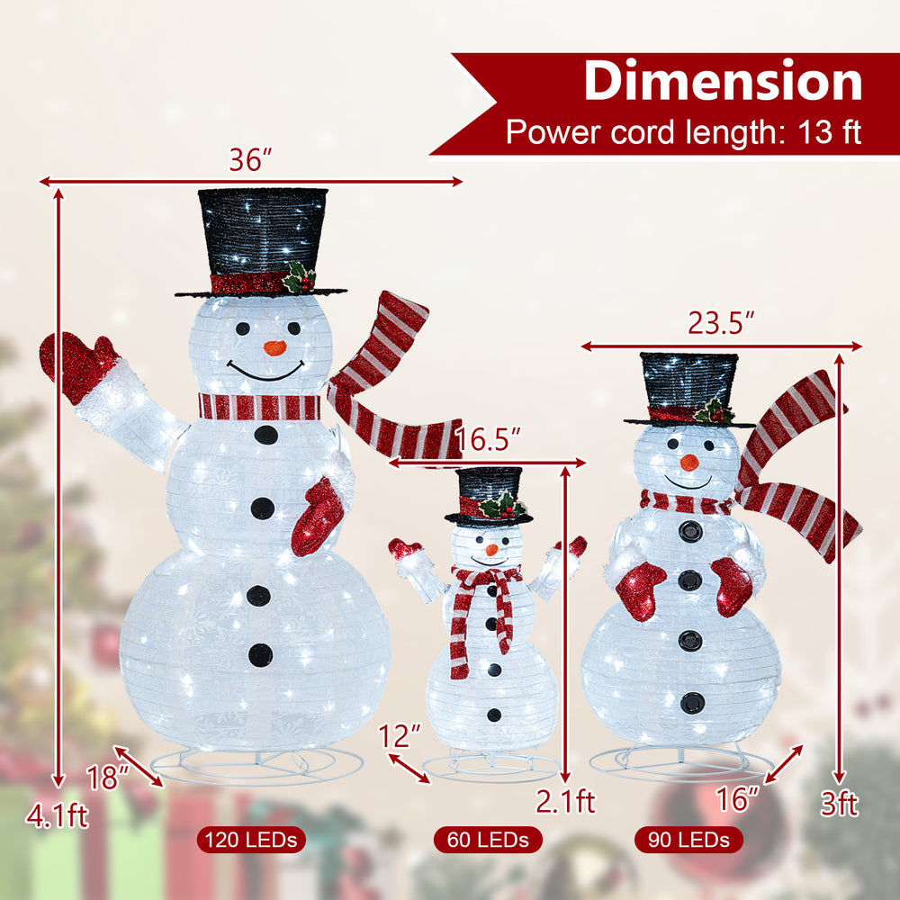 3-piece pre-lit 3D snowman set with 270 LED lights, featuring top hats, scarves, and glittering snowflake patterns.