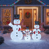 3-piece pre-lit 3D snowman set with 270 LED lights, featuring top hats, scarves, and a stable metal frame for festive.