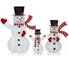 Three-piece pre-lit snowman set with top hats, red scarves, and 270 LED lights for festive winter decorations.