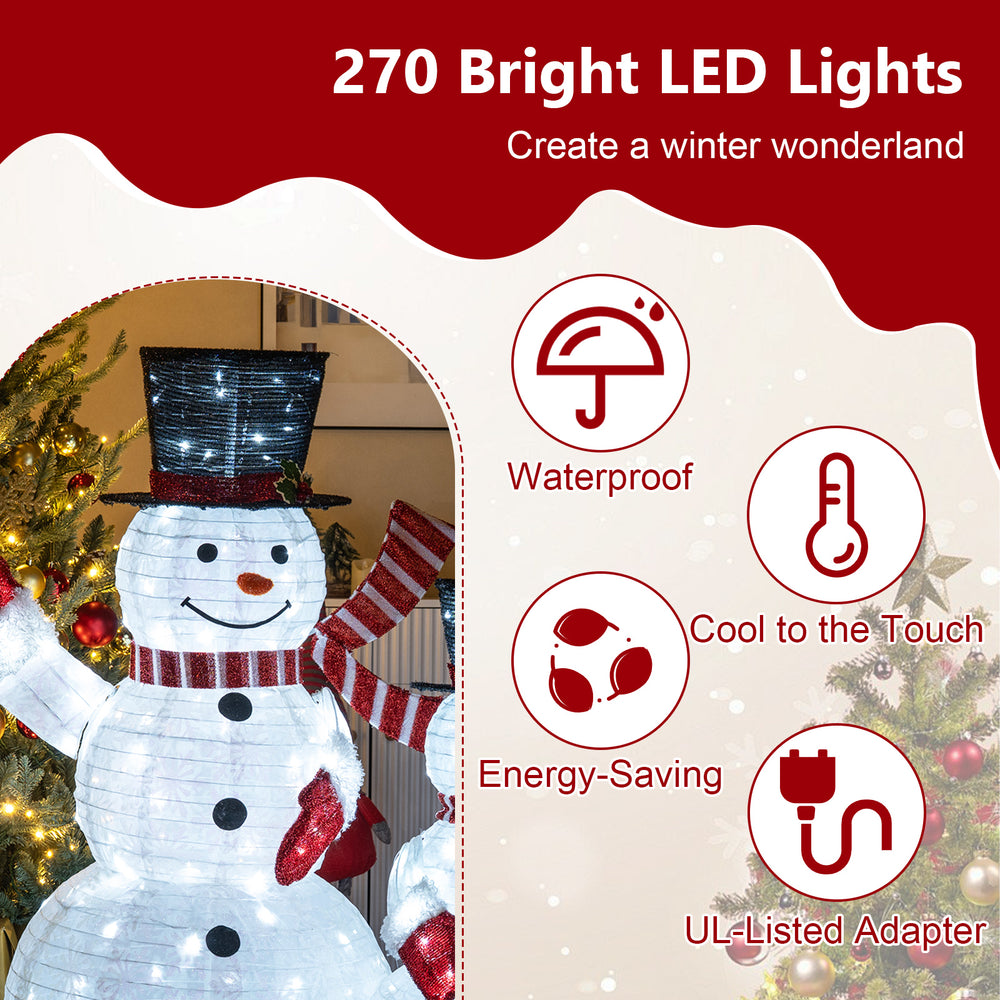 3D snowman set with 270 LED lights, featuring a top hat and scarf, perfect for creating a winter wonderland display.