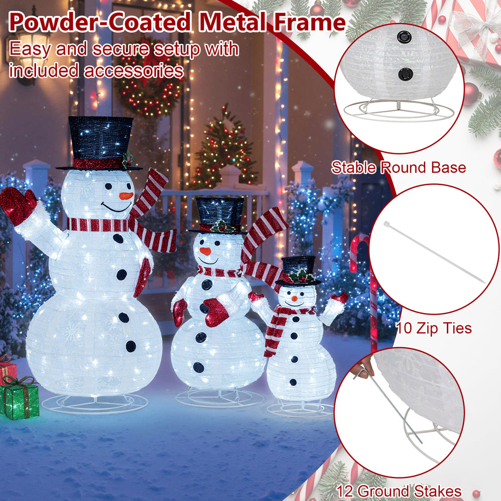 3-piece pre-lit 3D snowman set with 270 LED lights, featuring top hats and red scarves, ideal for winter displays.