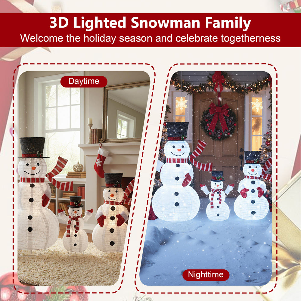3-piece pre-lit 3D snowman set with 270 LED lights, featuring top hats and scarves, perfect for holiday decoration.