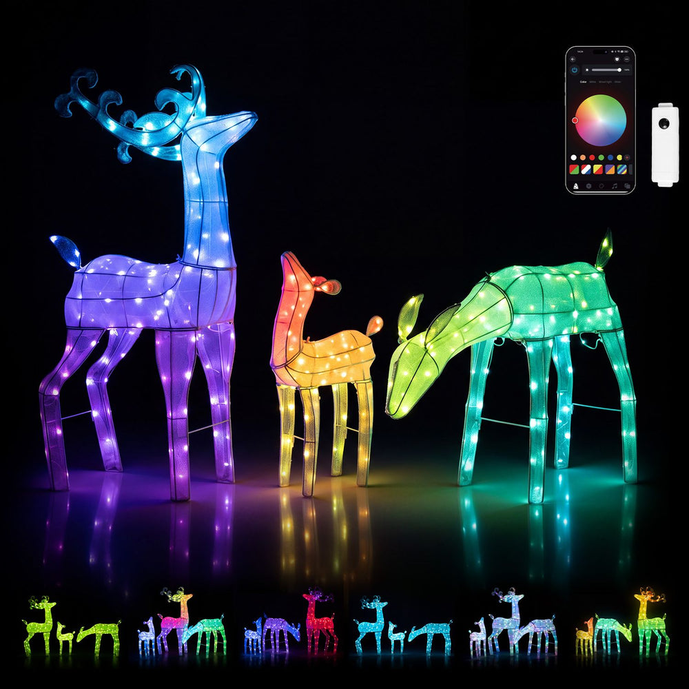 Colorful 3-piece RGB lighted Christmas deer family set with app control, ideal for festive indoor or outdoor decoration.