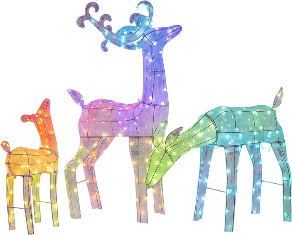 Colorful 3D lighted deer family set with 343 RGB LED lights, perfect for festive outdoor decoration and app control.