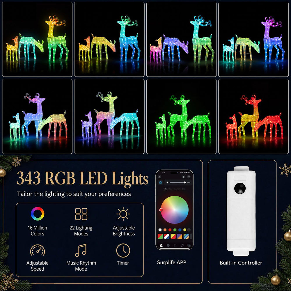 3-piece RGB lighted Christmas deer family set with 343 LED lights, app control, and 16 million color options for festive decor.