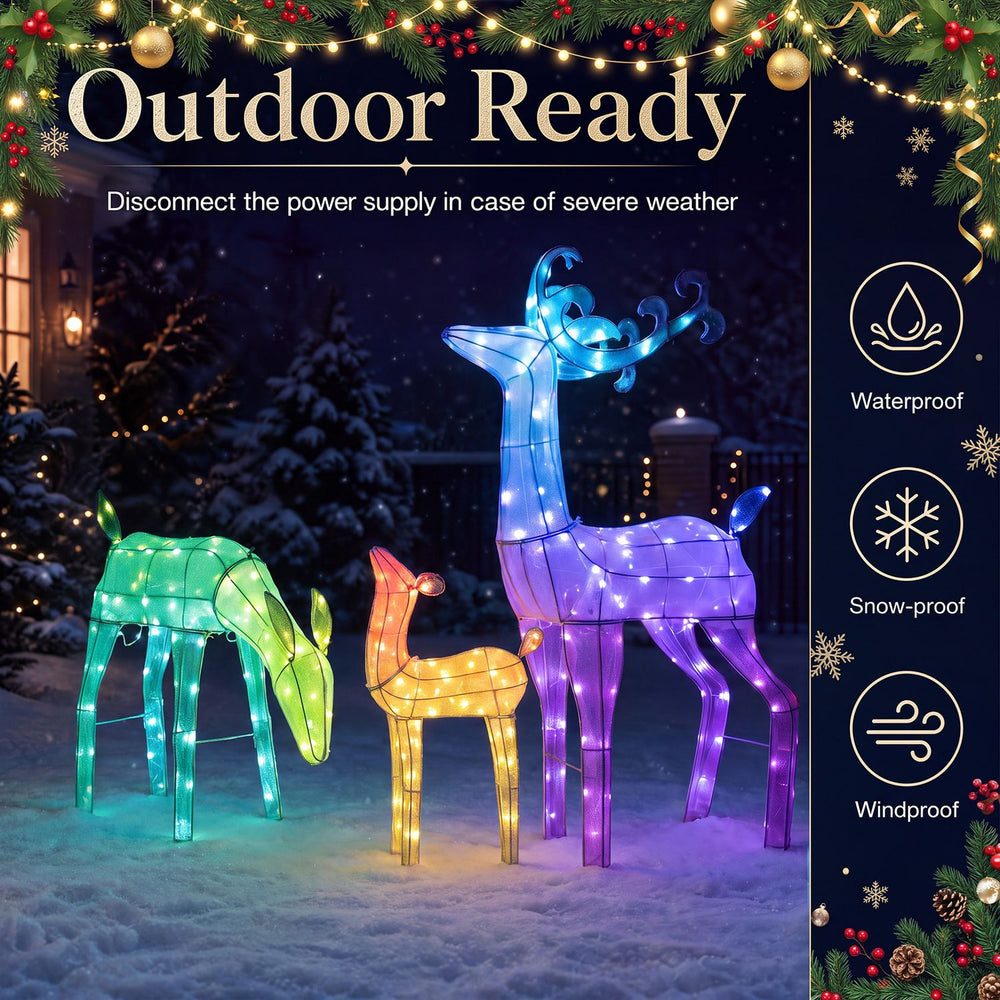 3-piece RGB lighted Christmas deer family set with app control, featuring waterproof and snow-proof design for outdoor use.