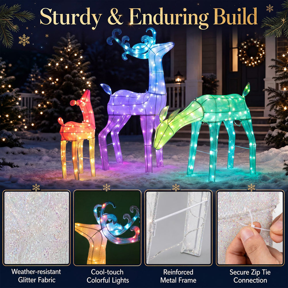 3-piece RGB lighted Christmas deer family set with app control, featuring weather-resistant fabric and 343 colorful LED lights.
