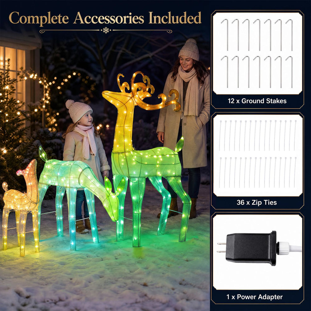 3-piece RGB lighted Christmas deer family set with app control, featuring 343 LED lights for vibrant holiday displays.