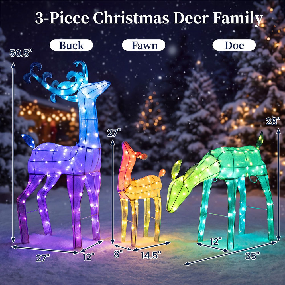 3-piece RGB lighted Christmas deer family set with app control, featuring vibrant colors and sturdy weather-resistant design.