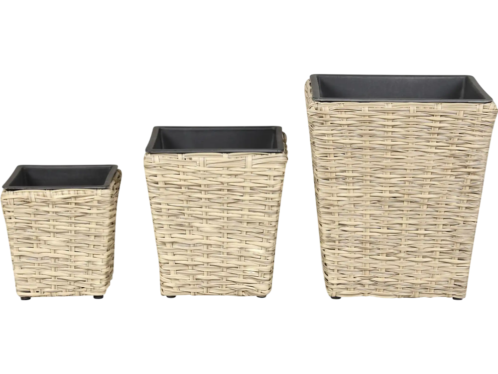 Three-piece natural rattan planter box kit with removable plastic liners, perfect for indoor and outdoor planting.