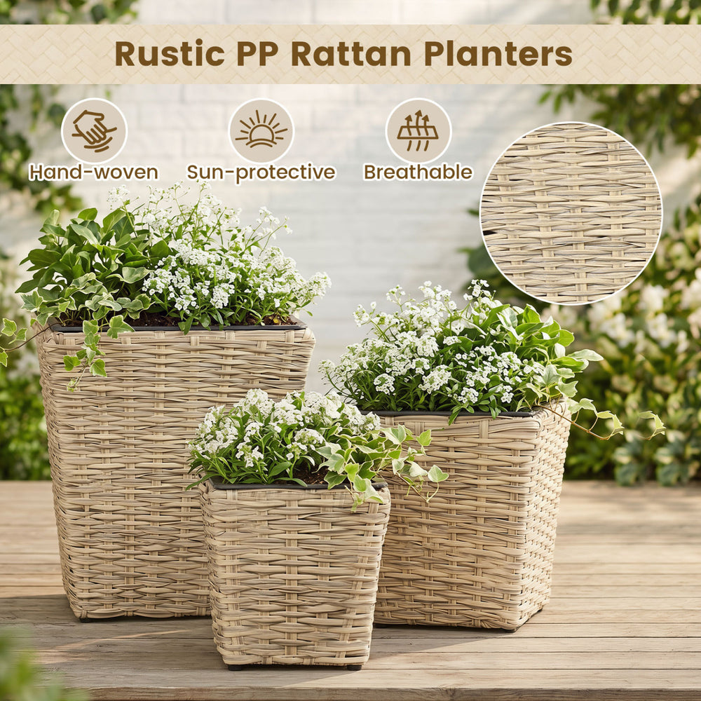 Three sizes of natural rattan planters with removable liners, perfect for indoor and outdoor planting of flowers and herbs.