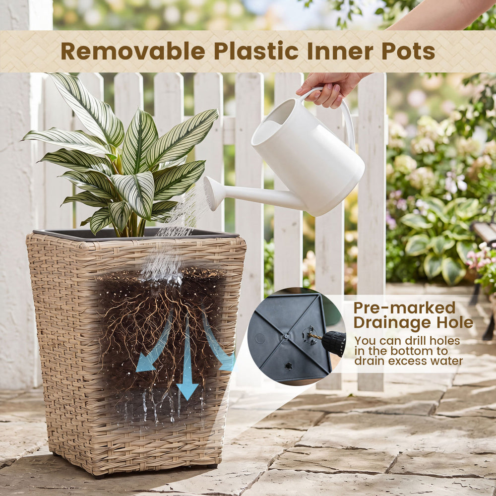 Rattan planter box kit with removable plastic liners and pre-marked drainage holes for versatile indoor and outdoor planting.