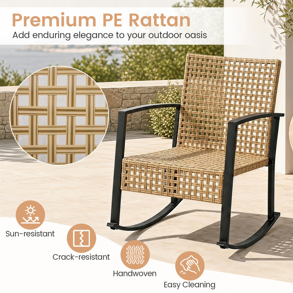Rocking chair made of premium PE rattan features a gentle design, ideal for relaxing moments in your outdoor space.