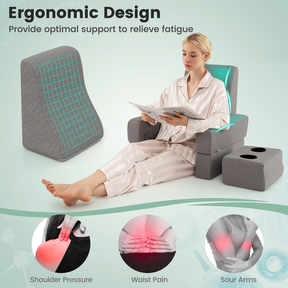 Extra large gray 3-piece reading pillow set with ergonomic design, lap desk, and cup holders for comfortable support.