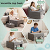 Extra large gray lap desk set with ergonomic design, cup holders, and removable cover for reading, working, and gaming.