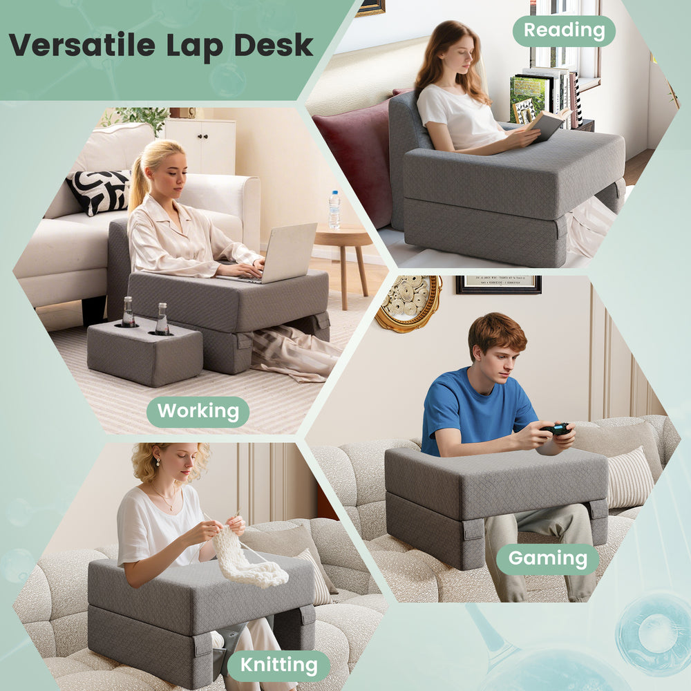 Extra large gray lap desk set with ergonomic design, cup holders, and removable cover for reading, working, and gaming.