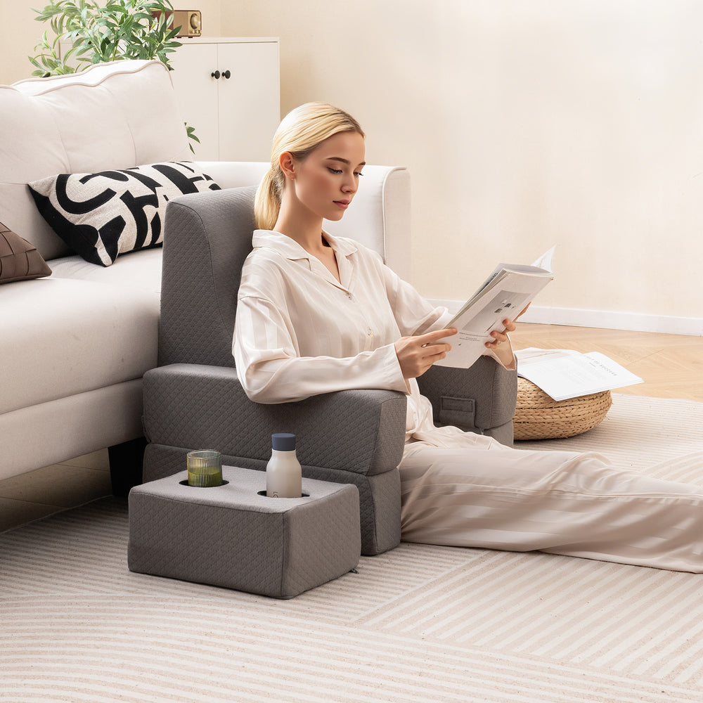 Extra large gray reading pillow set with lap desk, ergonomic design, and storage pockets for comfortable reading.