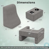 Dimensions of the 3-piece gray reading pillow set, featuring a lap desk, back pillow, and storage pocket for.