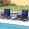 3 Piece Rocking Bistro Set PE Rattan Rocker Chairs with Acacia Wood Top Table-Navy - Gallery View 1 of 12
