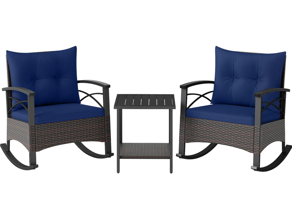 Two navy cushioned rocking chairs with a small acacia wood top table, perfect for outdoor relaxation on the patio.