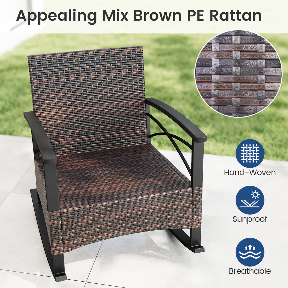 Mix brown PE rattan rocking chair with soft cushions and acacia wood armrests, perfect for outdoor relaxation.
