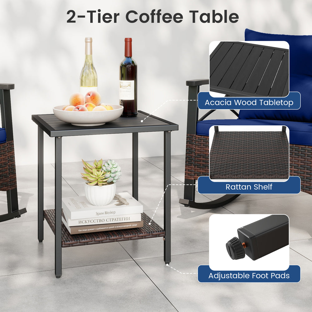 2-tier coffee table with acacia wood top and rattan shelf, perfect for outdoor relaxation on your patio or garden.