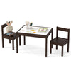 Toddler activity table set in brown with solid rubber wood frame, includes two chairs for play, eating, and creativity.