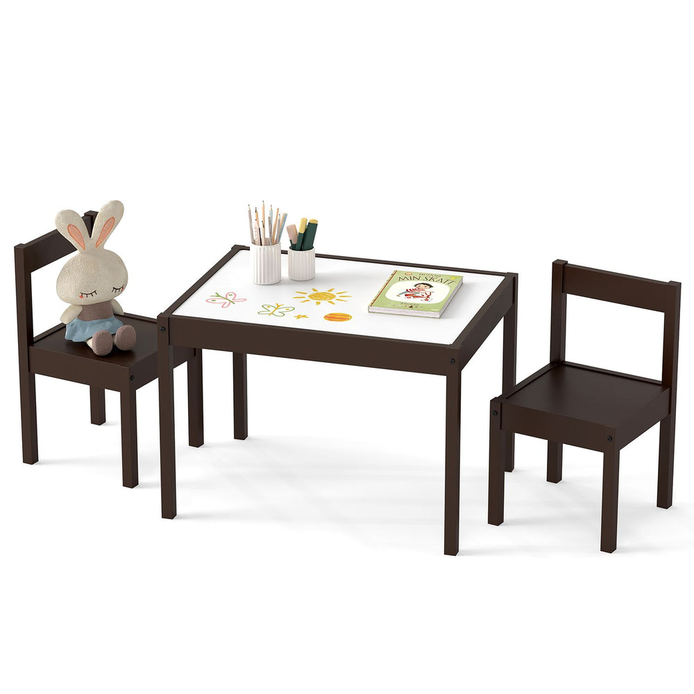Toddler activity table set in brown with solid rubber wood frame, includes two chairs for play, eating, and creativity.