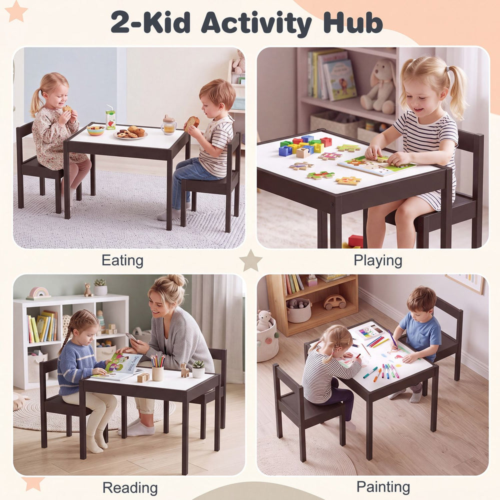 Toddler activity table set with solid rubber wood frame, featuring a large graffiti tabletop for eating, reading, and painting.