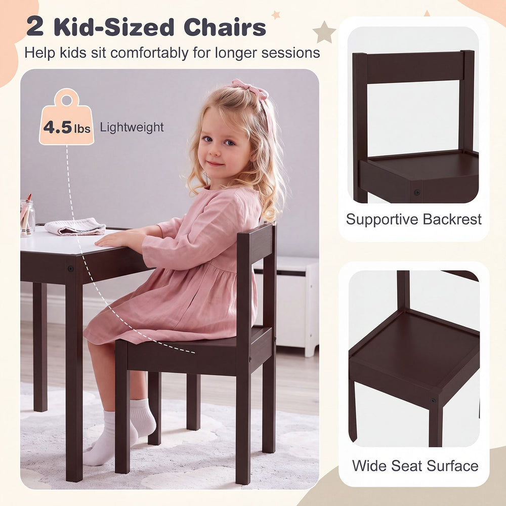 Two kid-sized chairs with supportive backrests and wide seat surfaces, perfect for the 3-piece toddler activity table set.