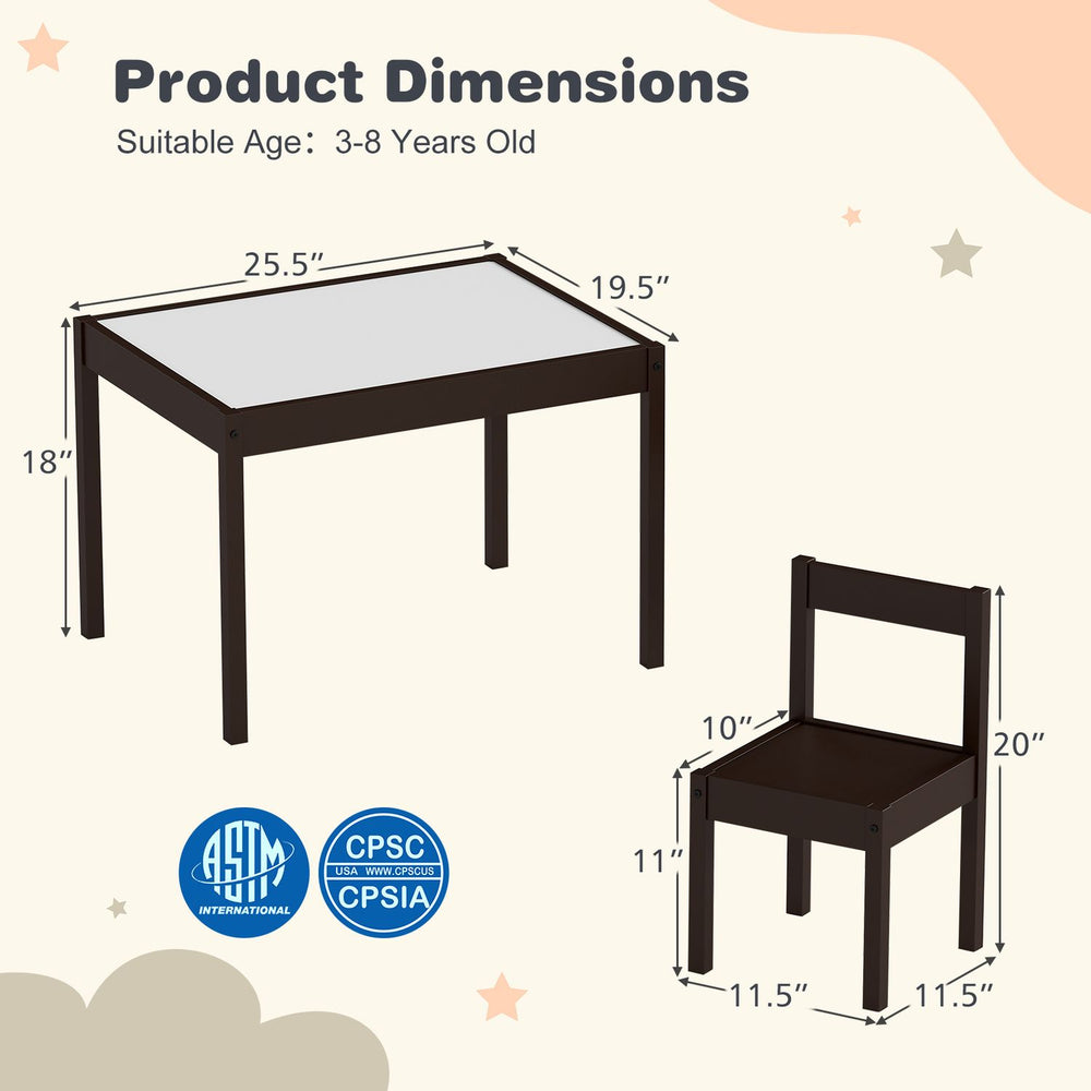 Toddler activity table set with solid rubber wood frame in brown, featuring a large graffiti tabletop and two comfy chairs.
