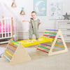 Toddler playing on the colorful Montessori climbing ramp and triangle set, promoting active play and physical skills.