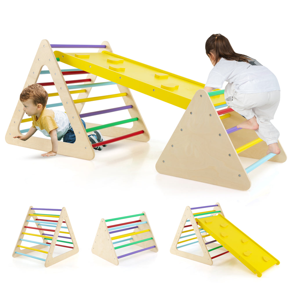Close-up of the colorful climbing triangle featuring smooth rounded corners, designed for safe and imaginative toddler.