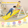 Colorful 3-piece toddler triangle set with climbing ramp, promoting balance, coordination, and imaginative play.