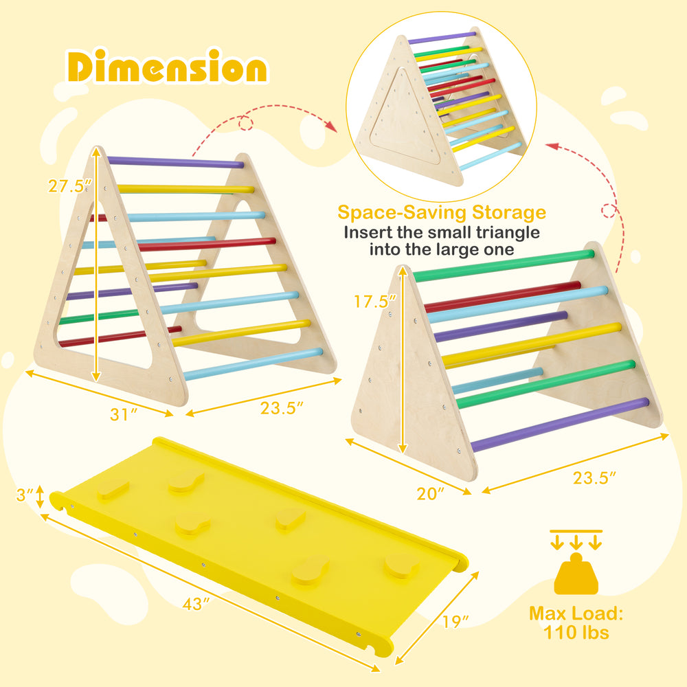 Side view of the large climbing triangle with smooth rounded corners, designed for safe and imaginative toddler play.