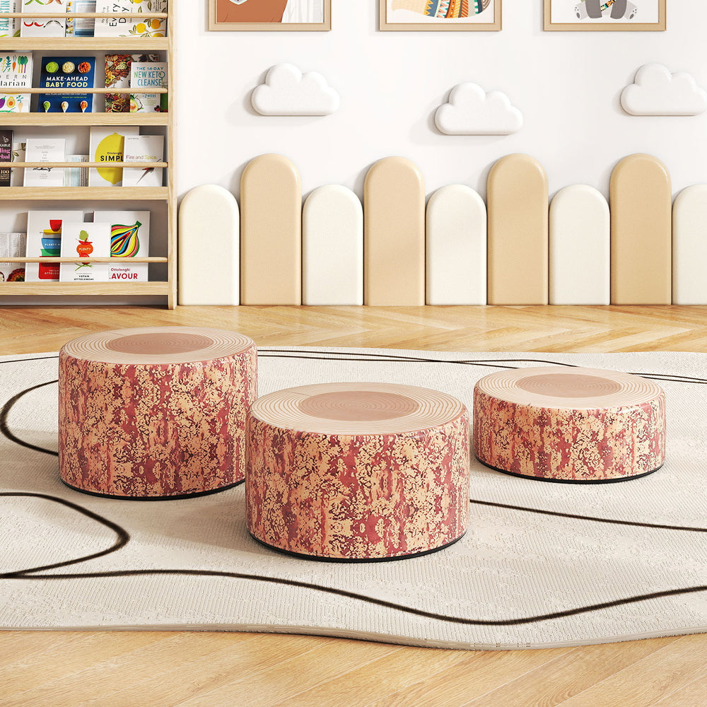 3-piece tree stump stool set with wood printing, upholstered in soft PU leather, ideal for flexible seating in play.