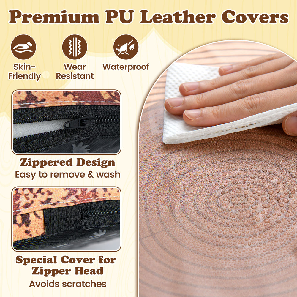 Close-up of the PU leather cover of a tree stump stool, showcasing the zippered design and wood grain texture.