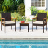 Wicker furniture set with acacia wood table and cushions, perfect for balcony or poolside relaxation.