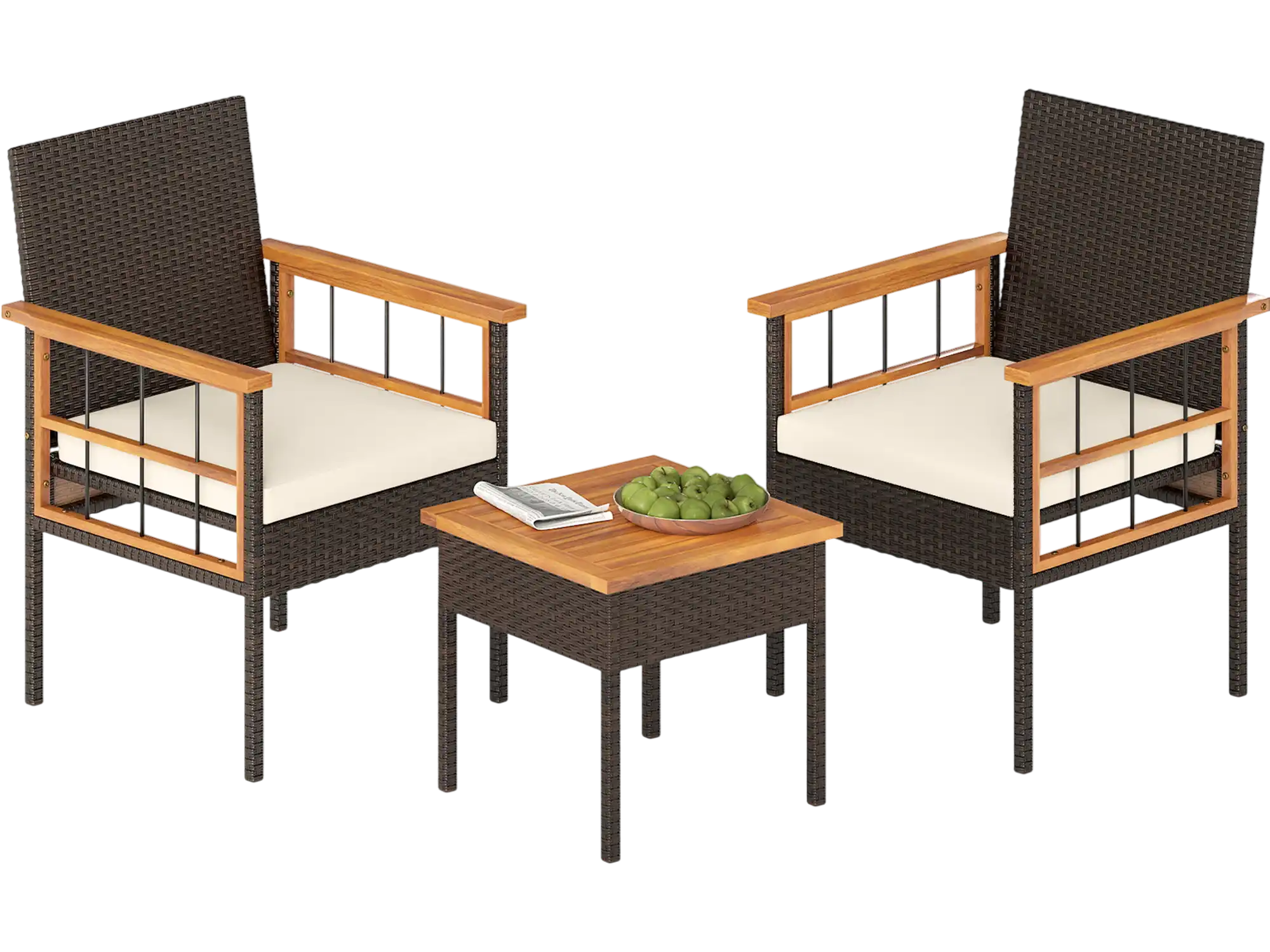 Costway 3-Piece Wicker Patio Furniture Set Acacia Wood Tabletop Armrests Balcony 92763712 New
