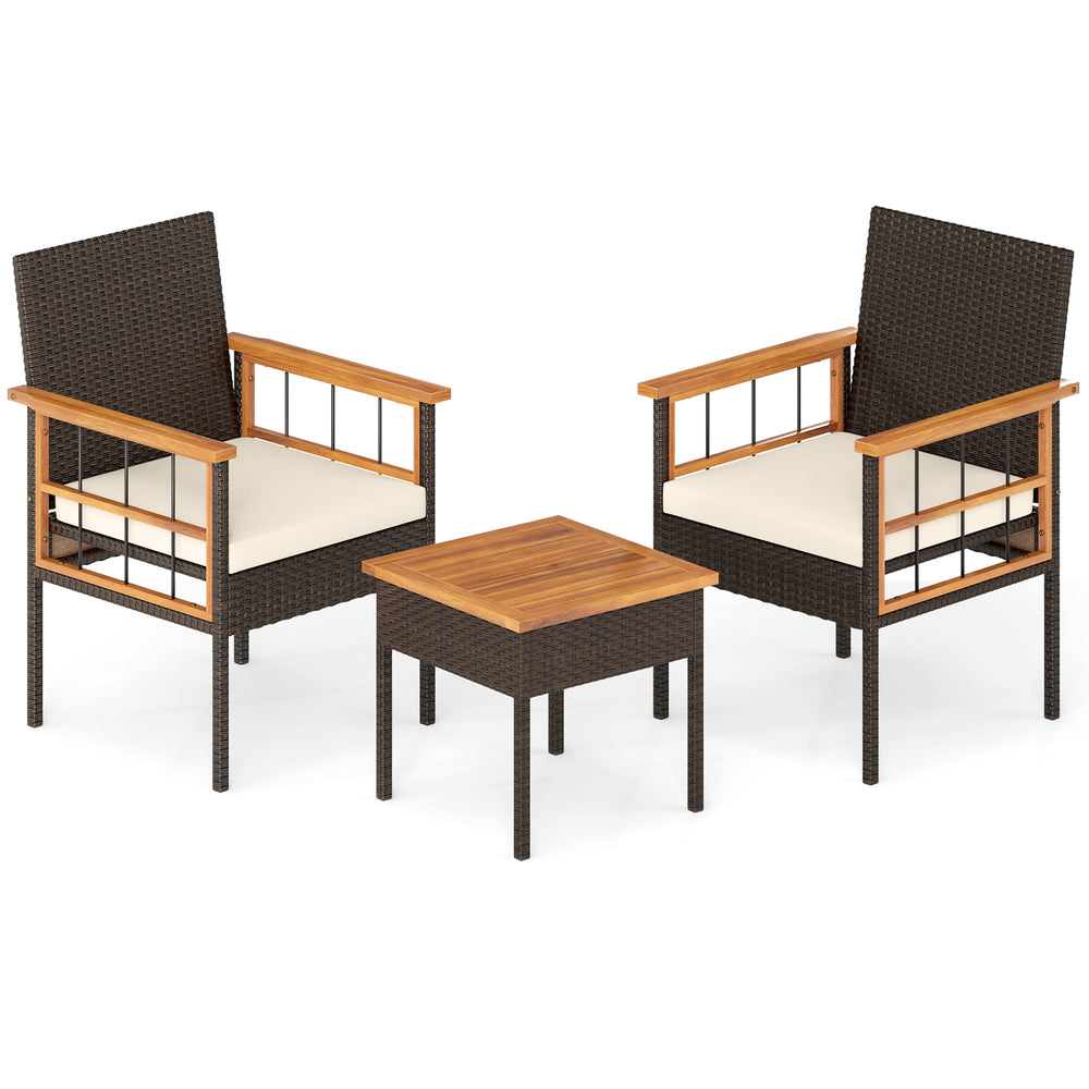Wicker furniture set featuring two chairs with acacia wood armrests and a compact side table, perfect for balcony.