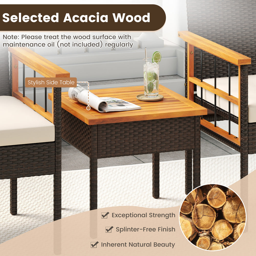 Stylish side table made of selected acacia wood with a smooth finish, perfect for the 3-piece wicker furniture set.