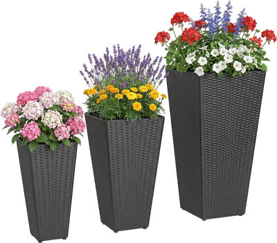 Costway 3-Piece Wicker Planters Tapered PP Rattan Plant Boxes 52058373 New