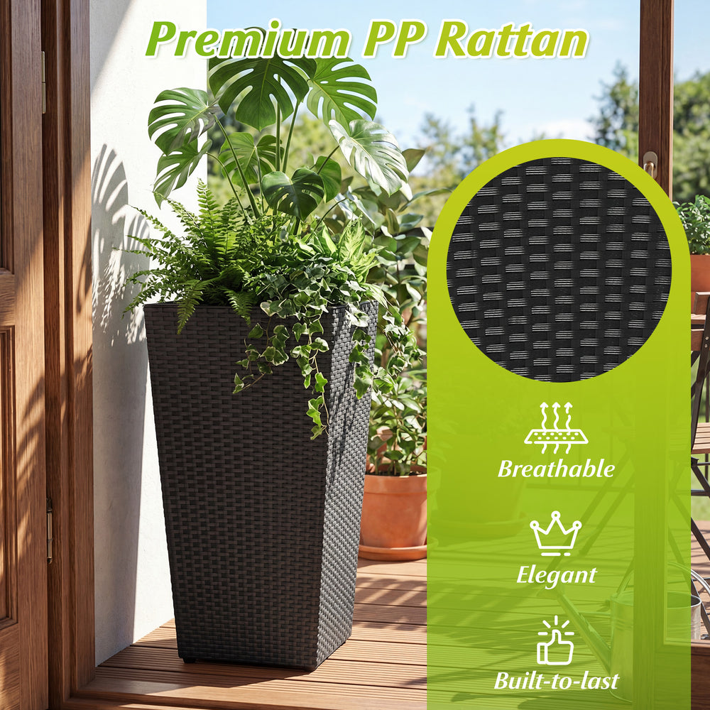 Tapered black PP rattan planter box with a rustic design, ideal for indoor and outdoor plant display.