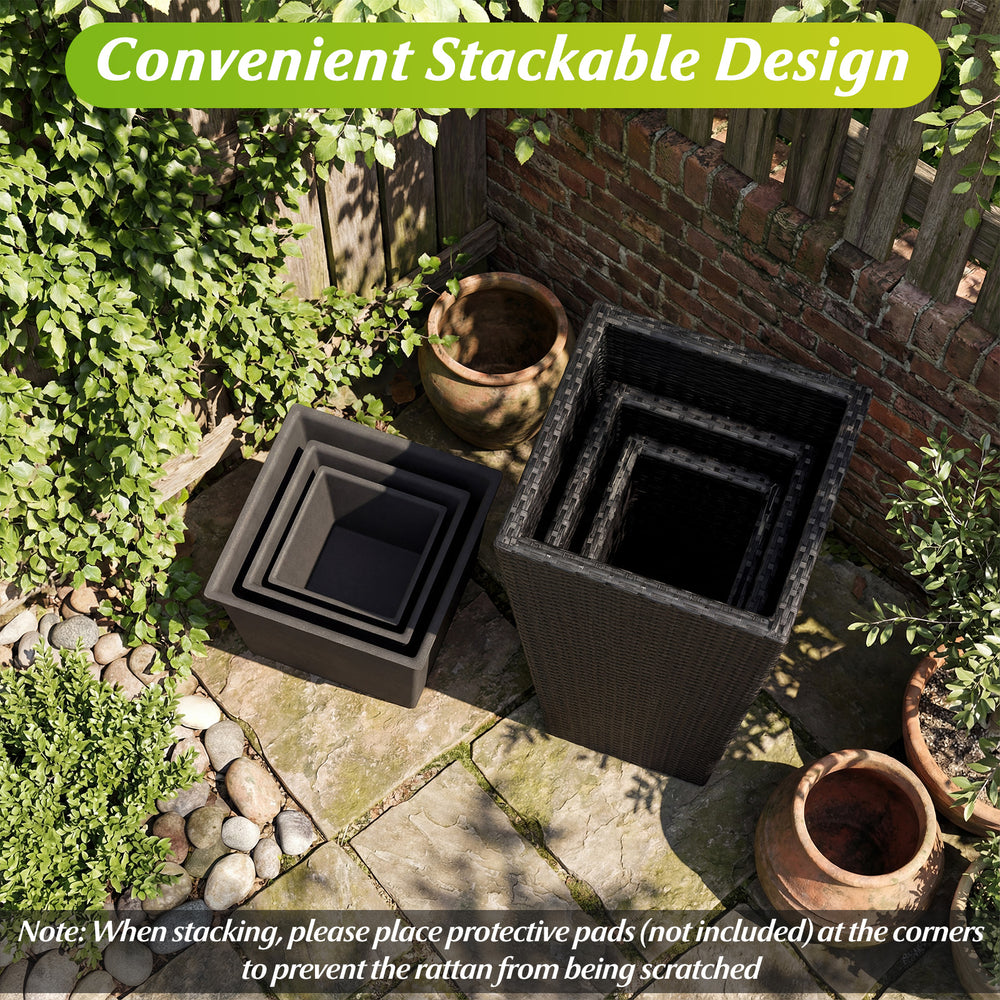 Stackable 3-piece black wicker planters made of durable PP rattan, perfect for indoor and outdoor plant display.