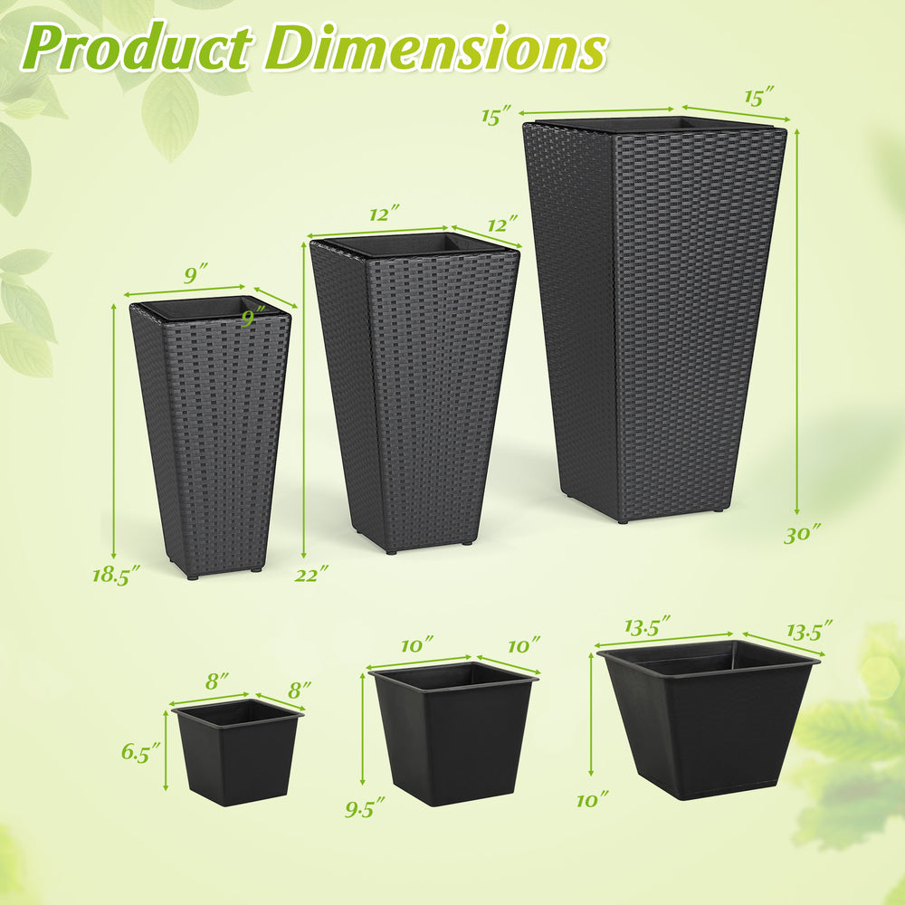 Set of three tapered black wicker planters made of PP rattan, ideal for indoor and outdoor plant display.