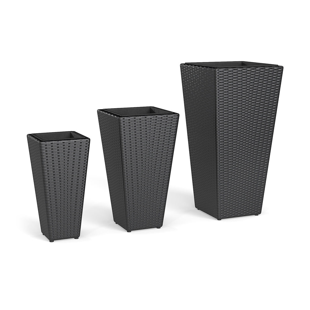 Three tapered black wicker planters made of durable PP rattan, ideal for indoor and outdoor plant display.