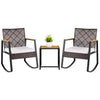 3-piece wicker rocking chair set with beige cushions and a coffee table, perfect for outdoor porch relaxation.