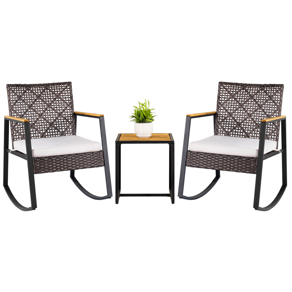 3-piece wicker rocking chair set with beige cushions and a coffee table, perfect for outdoor porch relaxation.