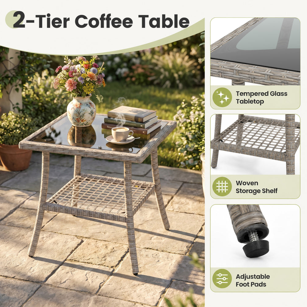 2-tier coffee table with tempered glass top and woven storage shelf, perfect for outdoor patio or garden use.