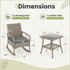 Dimensions of the 3-piece wicker rocking bistro set with gray cushions, including two rocking chairs and a coffee table.